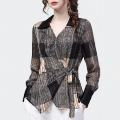 2 Pcs Fashionable Spring V Neck Striped Patchwork Pattern Slim Waist Belt Shirt