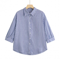 6 Pcs Womens Loose Blue and White Vertical Stripes Spring Shirt