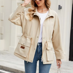 7 Pcs Spring Windproof Khaki Women Short Windbreaker